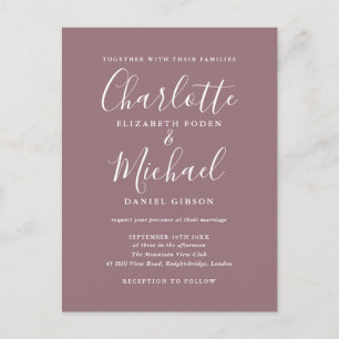 Invitation Carte Postale Mariage Mauve Script Signature