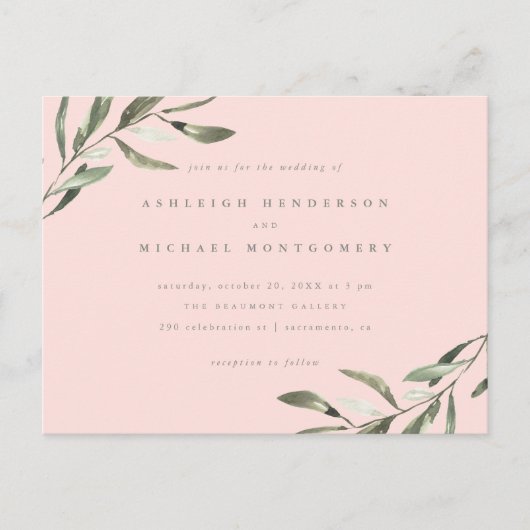 Invitation Carte Postale Mariage minimum Pastel Rose & Sage Green Branches (Devant)