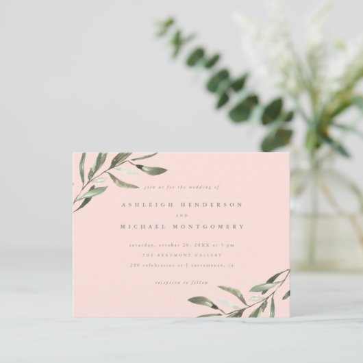 Invitation Carte Postale Mariage minimum Pastel Rose & Sage Green Branches (Debout devant)