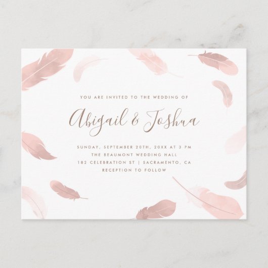 Invitation Carte Postale Mariage moderne Boho rose aquarelle plumes (Devant)