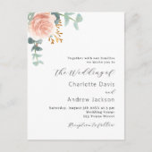Invitation Carte Postale mariage moderne or rose fleuri vert (Devant)