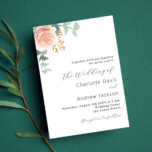 Invitation Carte Postale mariage moderne or rose fleuri vert