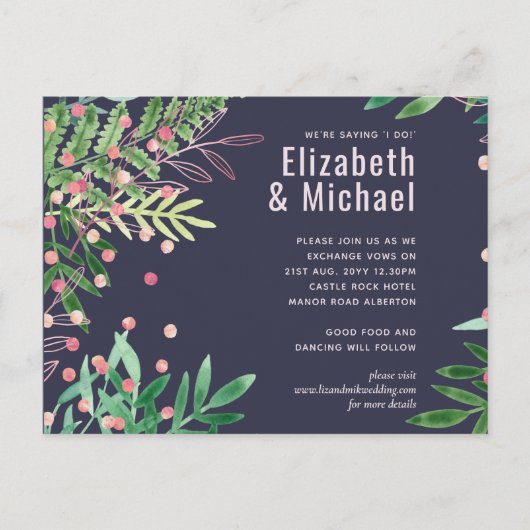 Invitation Carte Postale Mariage Moderne Rose et Verdure (Devant)