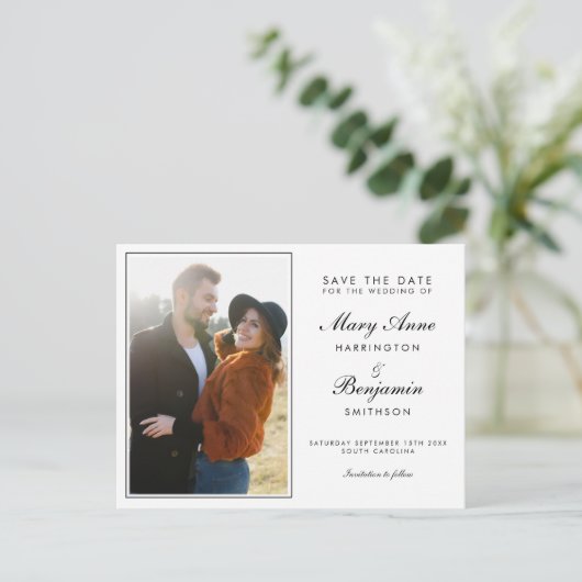 Invitation Carte Postale Mariage noir blanc minimal moderne Enregistrer la  (Debout devant)