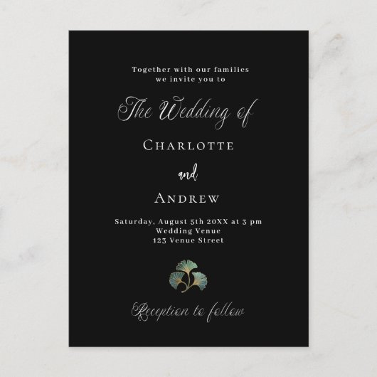 Invitation Carte Postale Mariage noir vert ginkgo feuille script simple (Devant)