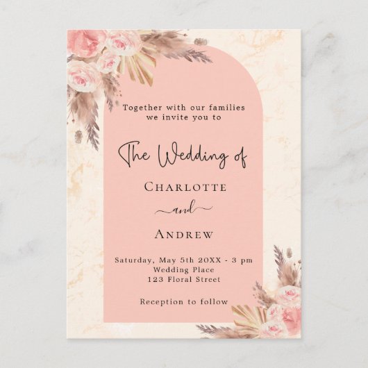 Invitation Carte Postale Mariage pampas herbe rose or blush boho (Devant)