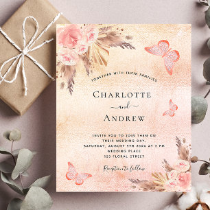 Invitation Carte Postale Mariage pampas herbe rousse papillon boho