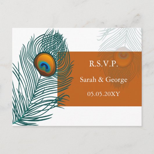 Invitation Carte Postale mariage paon orange rsvp (Devant)