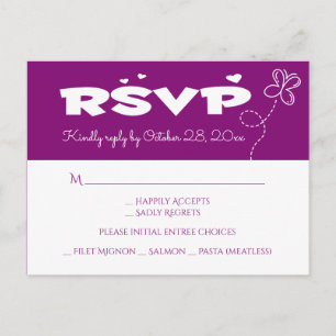 Invitation Carte Postale Mariage Papillon & Cœurs RSVP Violet & Blanc