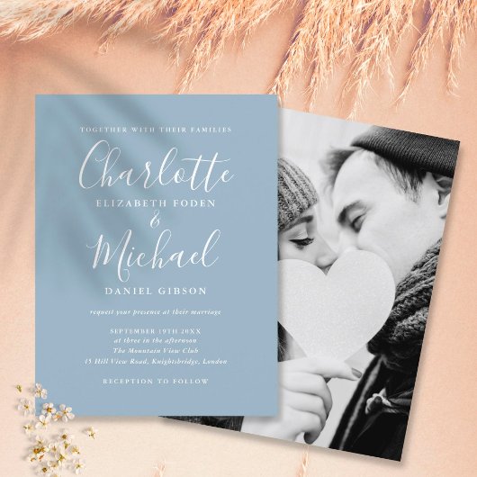 Invitation Carte Postale Mariage photo du script de signature bleu foncé