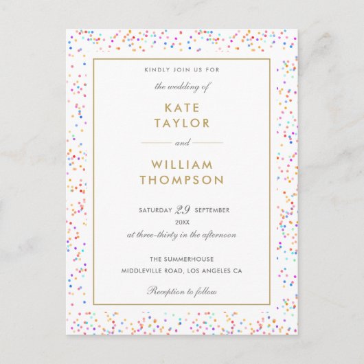 Invitation Carte Postale Mariage photo moderne coloré Rainbow Confetti (Devant)