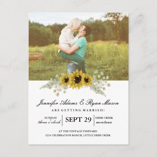 Invitation Carte Postale Mariage photo simple tournesols (Devant)