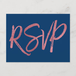 Invitation Carte Postale Mariage rose du bleu marine RSVP de feuille d'or