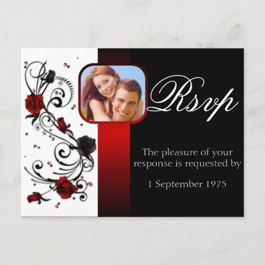 Invitation Carte Postale Mariage Rose moderne rouge et noir RSVP (Devant)