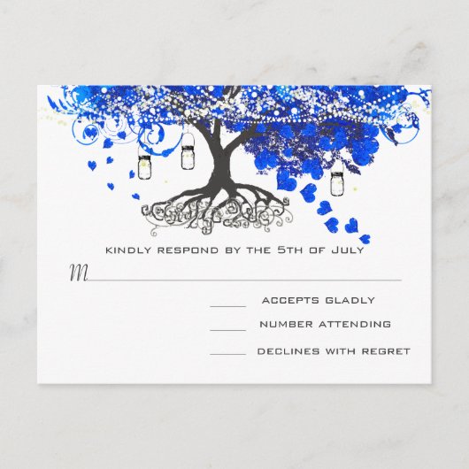 Invitation Carte Postale Mariage Royal Blue Heart Leaf Tree (Devant)