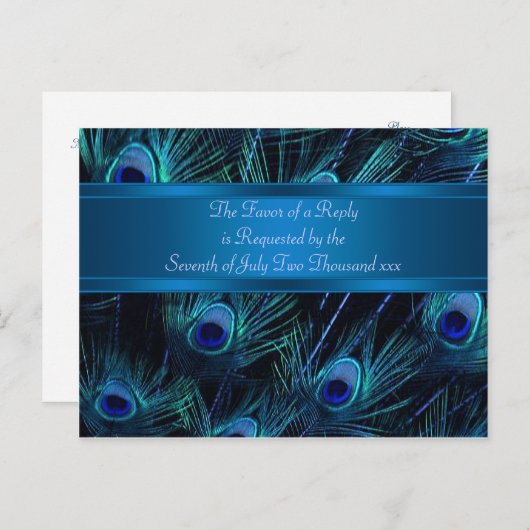 Invitation Carte Postale Mariage Royal Blue Purple Peacock Plumes (Devant / Derrière)