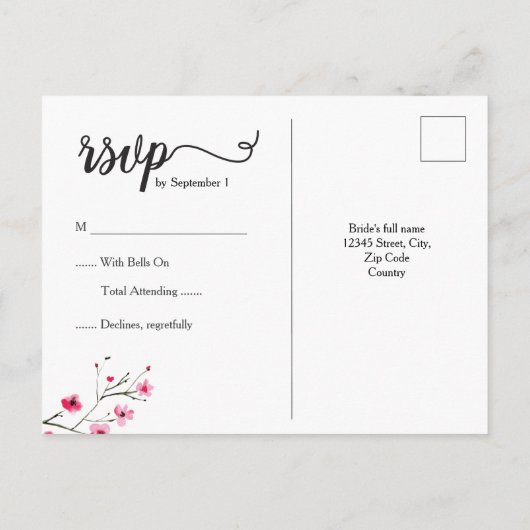 Invitation Carte Postale Mariage RSVP en fleurs de cerisier d'aquarelle (Dos)
