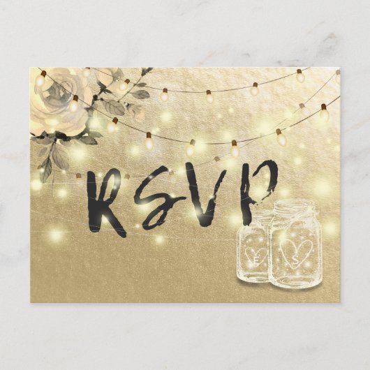 Invitation Carte Postale Mariage RSVP Floral Mason Jar String Lumières Or (Devant)