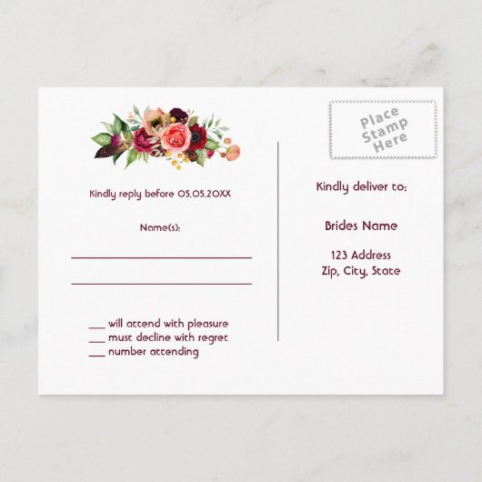 Invitation Carte Postale Mariage RSVP flores blancs bordeaux (Dos)