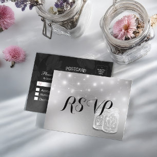 Invitation Carte Postale Mariage RSVP Mason Jars Chaîne Lumière Argent mode