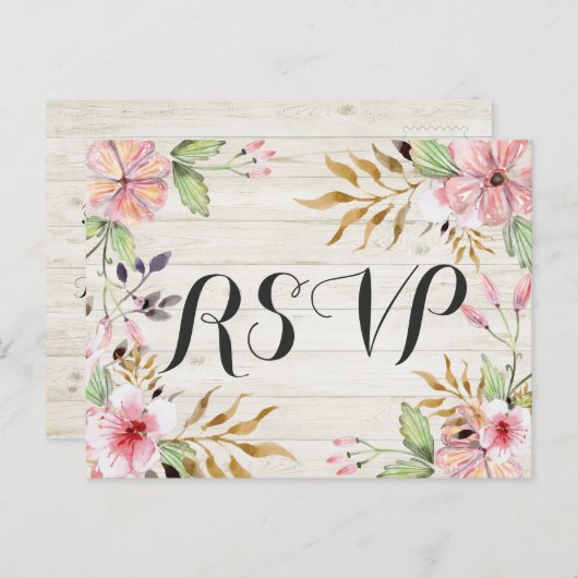 Invitation Carte Postale Mariage RSVP Répondre Aquarelle Fleurs Bois rustiq (Devant / Derrière)