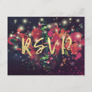 Invitation Carte Postale Mariage RSVP répondre Floral String Light Gold Scr