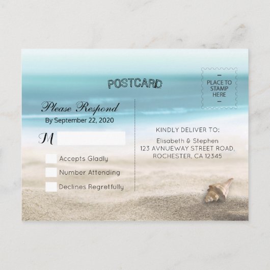 Invitation Carte Postale Mariage RSVP Summer Sandy Beach Starfish Seashell (Dos)