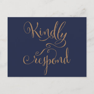 Invitation Carte Postale Mariage Rustique Bleu et Or RSVP