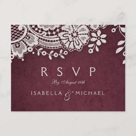 Invitation Carte Postale Mariage rustique RSVP Bourgogne élégante dentelle  (Devant)