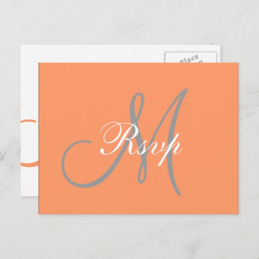 Invitation Carte Postale Mariage simple orange gris monogramme RSVP (Devant / Derrière)