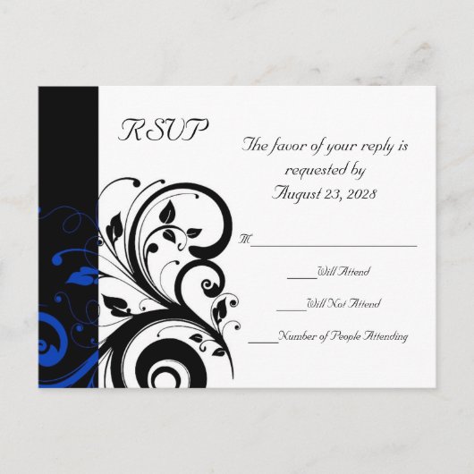 Invitation Carte Postale Mariage Tourbillon Noir/Blanc/Bleu Cobalt (Devant)