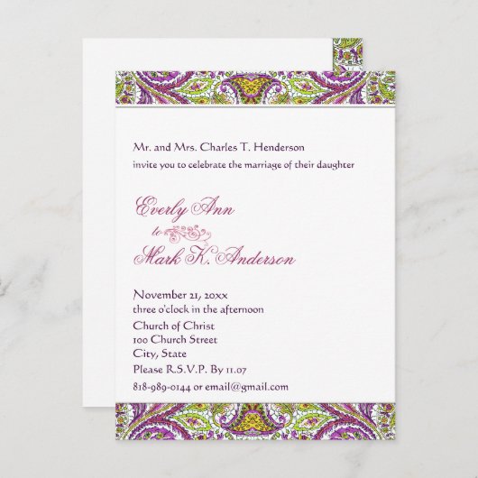 Invitation Carte Postale Mariage vert et rose (Devant / Derrière)