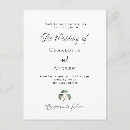 Invitation Carte Postale Mariage vert ginkgo feuille script simple (Devant)
