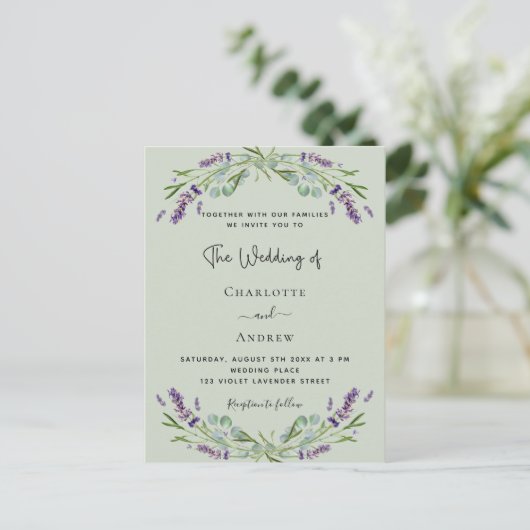 Invitation Carte Postale Mariage vert Lavender eucalyptus (Debout devant)