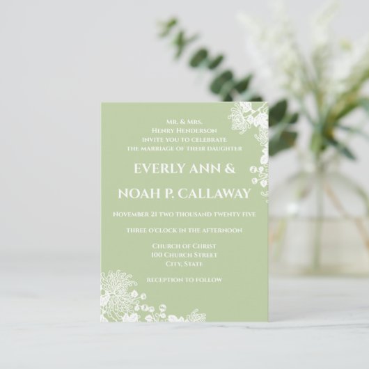 Invitation Carte Postale Mariage vert Pastel Sage pas cher (Debout devant)