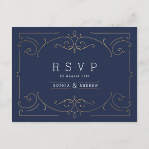 Invitation Carte Postale Mariage vintage classique moderne et bleu élégant