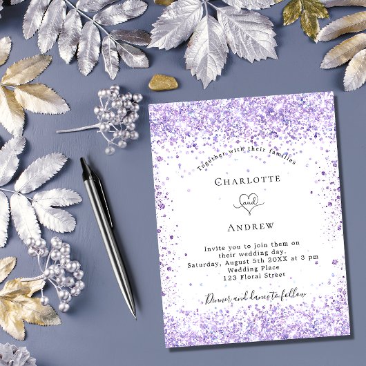 Invitation Carte Postale Mariage violet parties scintillant script blanc él