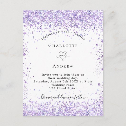 Invitation Carte Postale Mariage violet parties scintillant script blanc él (Devant)