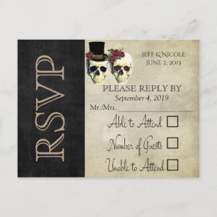 Invitation Carte Postale Mariée et Groom Crâne Rose Turquoise Mariage RSVP