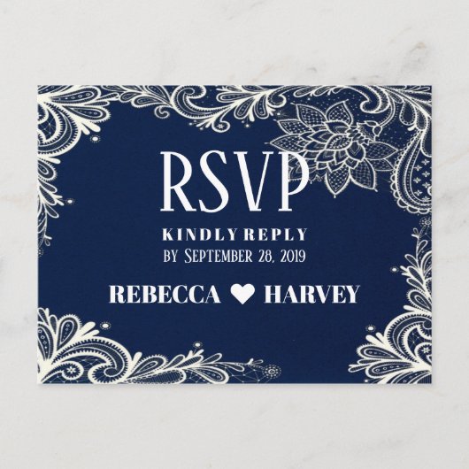 Invitation Carte Postale marine blanche dentelle marine bleu mariage RSVP (Devant)
