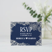 Invitation Carte Postale marine blanche dentelle marine bleu mariage RSVP (Debout devant)