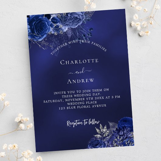 Invitation Carte Postale Marine bleu fleurs élégant mariage