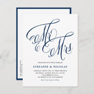 Invitation Carte Postale Marine Blue M. et Mme Rustic Mariage de calligraph