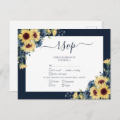 Invitation Carte Postale Marine Blue Sunflower Botanical Script Wedding RSV (Devant / Derrière)
