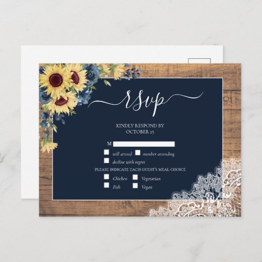 Invitation Carte Postale Marine Blue Sunflower Script dentelle en bois Mari (Devant / Derrière)