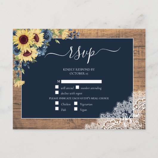 Invitation Carte Postale Marine Blue Sunflower Script dentelle en bois Mari (Devant)