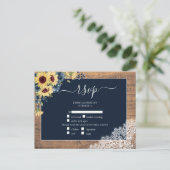 Invitation Carte Postale Marine Blue Sunflower Script dentelle en bois Mari (Debout devant)