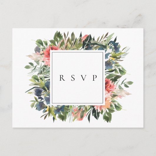 Invitation Carte Postale Marine Coral Floral Wedding RSVP Song Request (Devant)