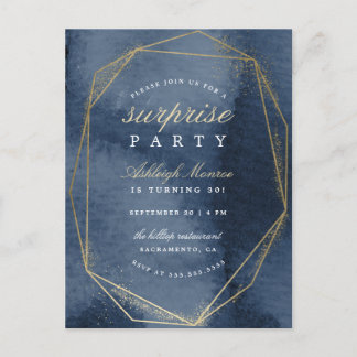 Invitation Carte Postale Marine & Gold cadre géométrique Surprise Party