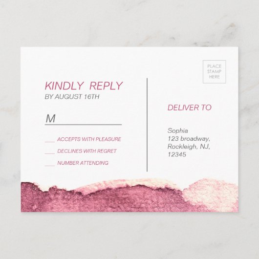 Invitation Carte Postale Marsala peint rose moderne mariage simple RSVP (Dos)
